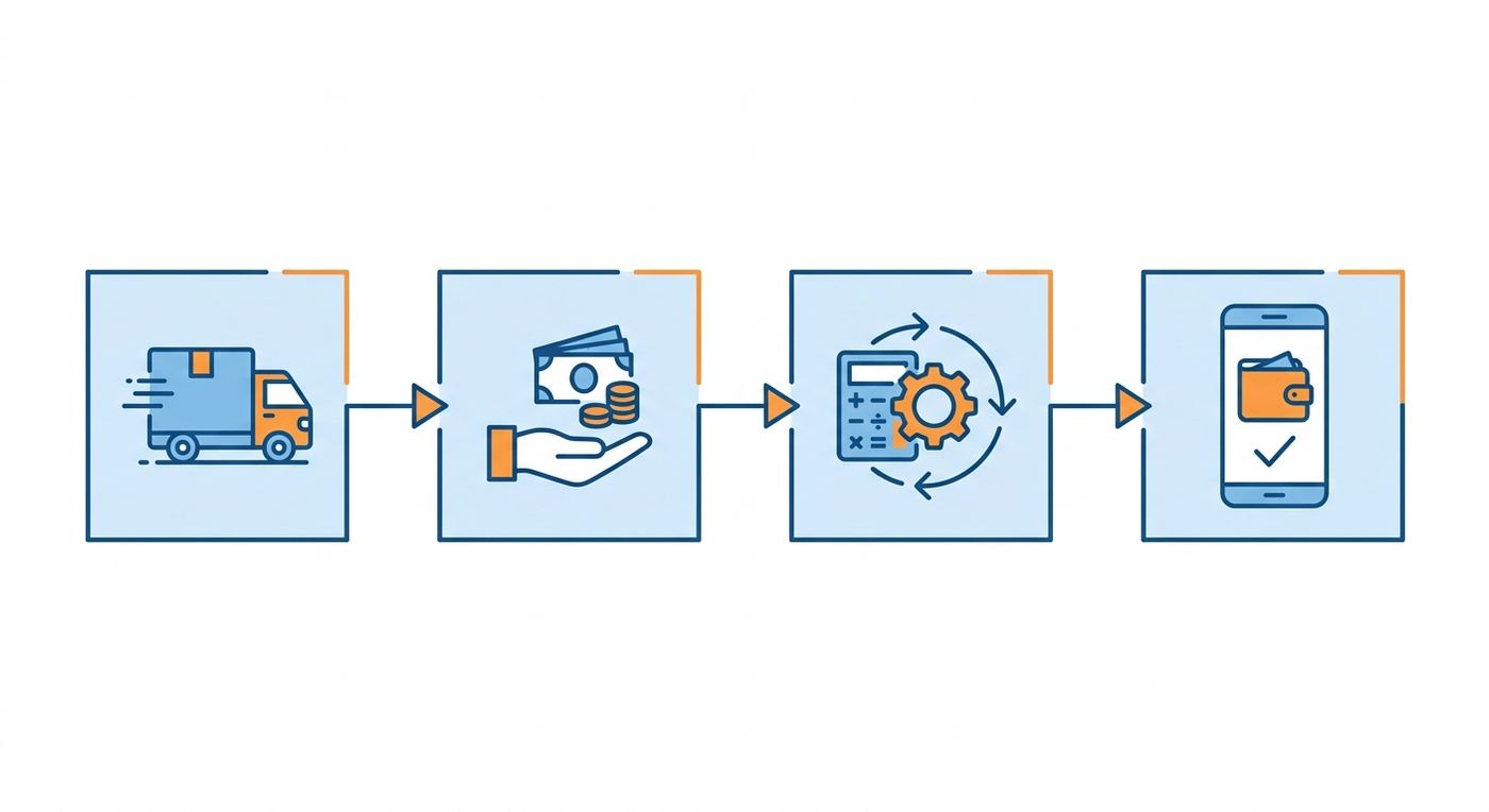 Technical diagram showing the automated driver payout workflow from shift completion to digital wallet credit.