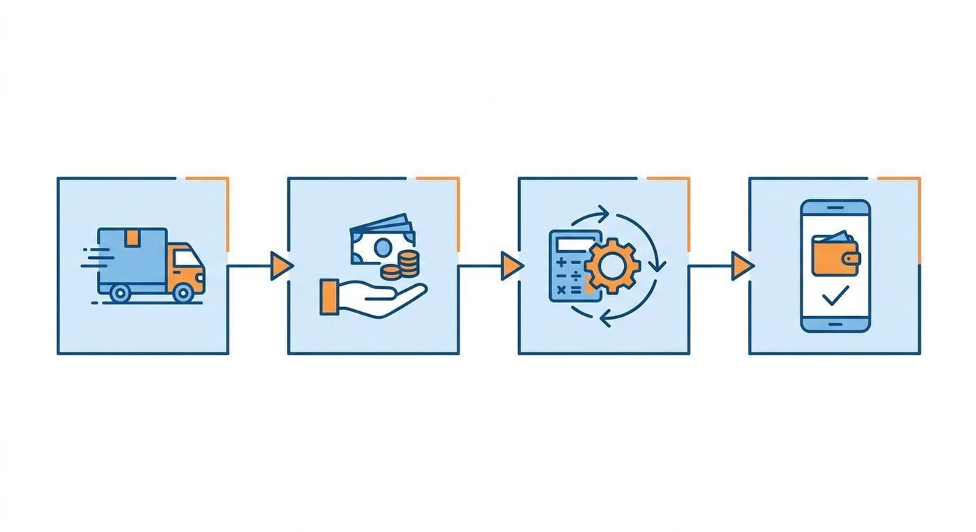 Technical diagram showing the automated driver payout workflow from shift completion to digital wallet credit.