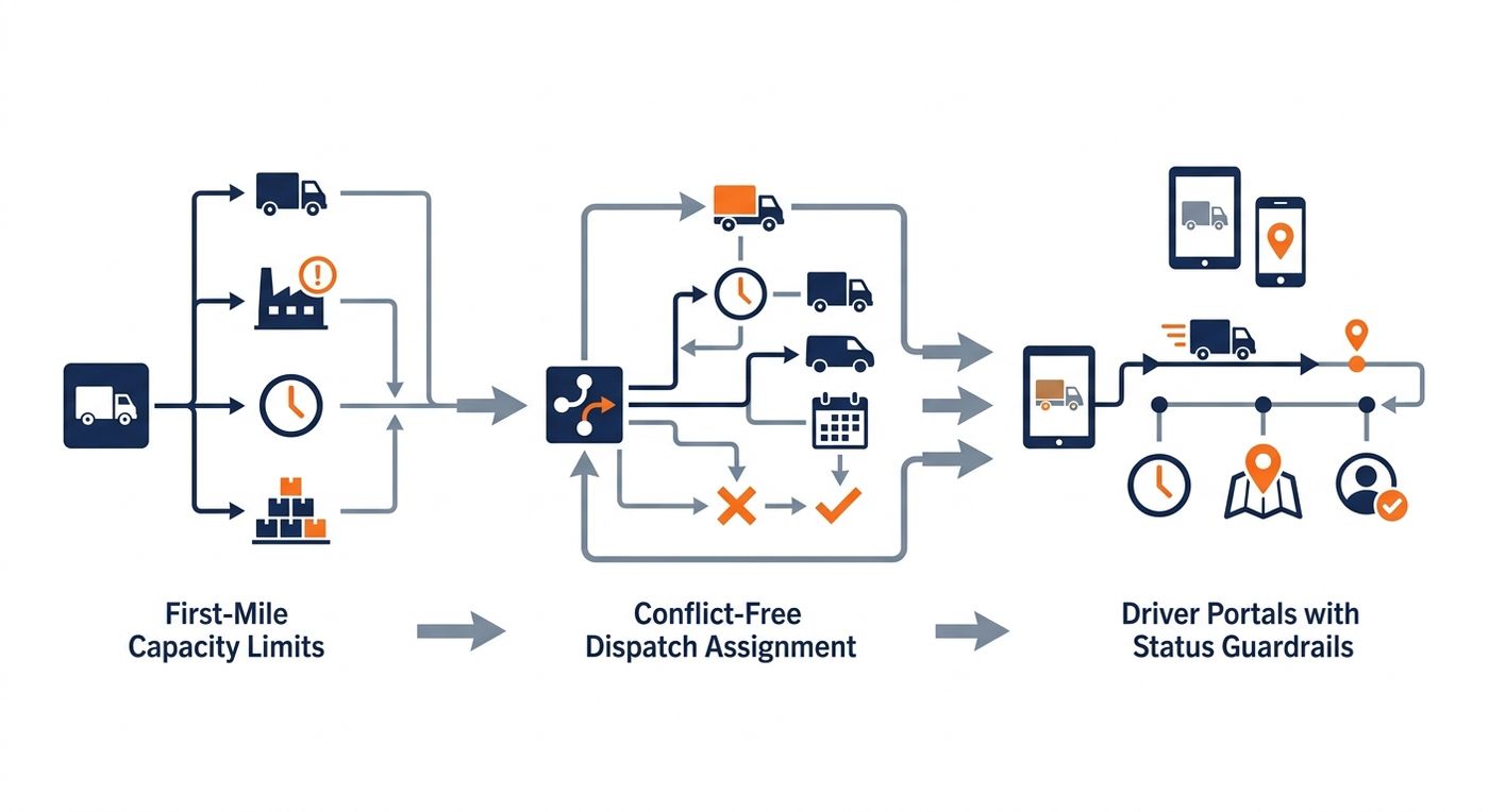 A clean, flat vector technical flowchart illustrating the Shiprex fleet optimization process, showcasing first-mile capacity rules, conflict-free dispatch, and driver status guardrails in a professional blue and orange palette.