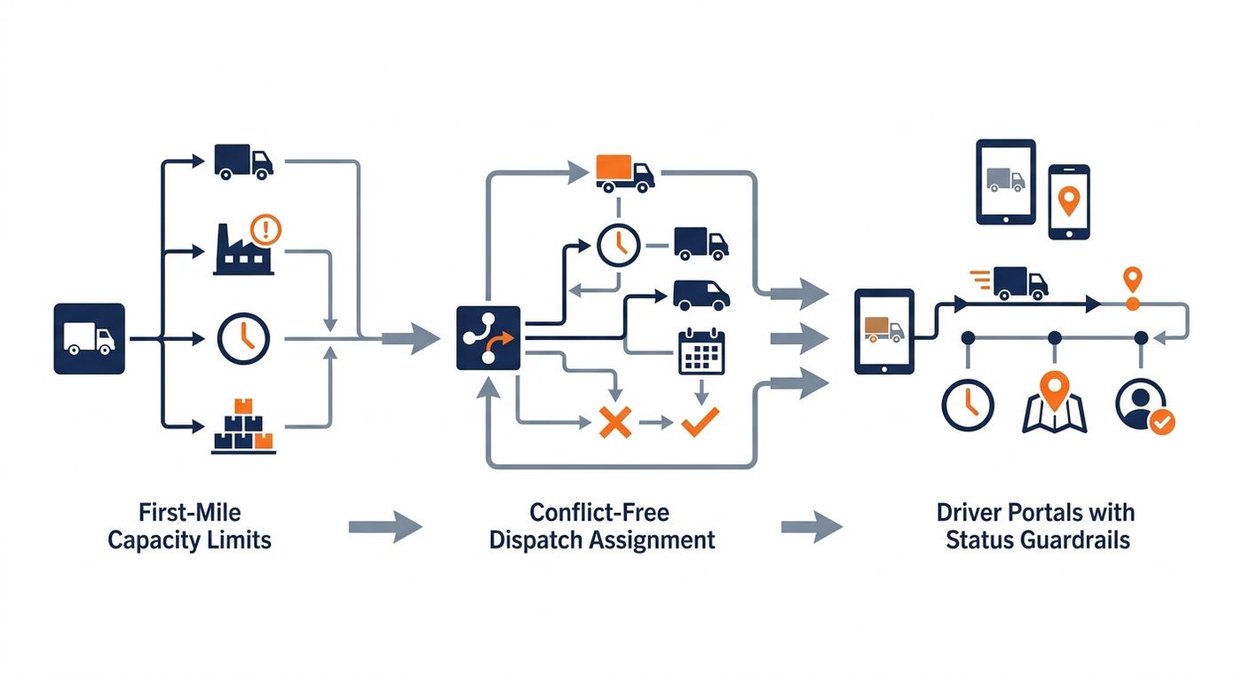 A clean, flat vector technical flowchart illustrating the Shiprex fleet optimization process, showcasing first-mile capacity rules, conflict-free dispatch, and driver status guardrails in a professional blue and orange palette.