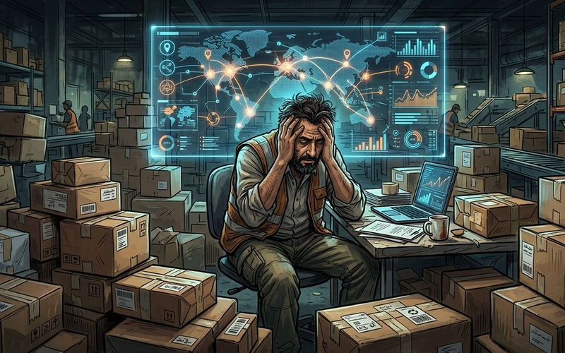 A modern logistics manager overlooking a glowing digital fleet management map at sunset