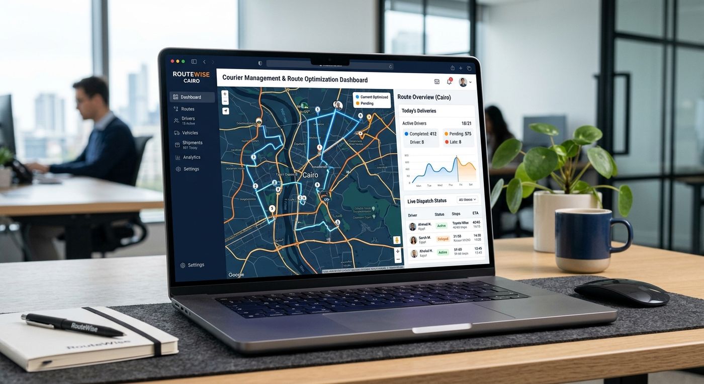 لوحة تحكم حديثة لنظام تخطيط موارد المؤسسات ERP الخاص بالخدمات اللوجستية تعرض أدوات تحسين المسارات وتوزيع المناديل على جهاز لابتوب.
