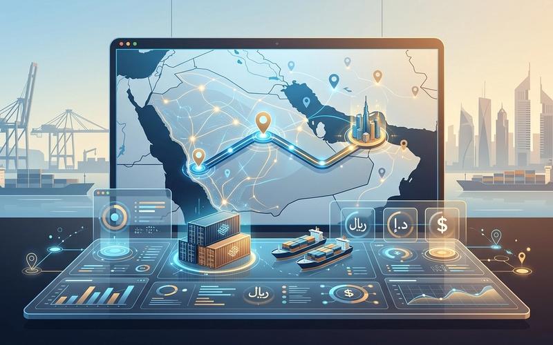 لوحة تحكم رقمية توضح مسارات الشحن الدولي بين الإمارات والسعودية مع تتبع العملات المتعددة.