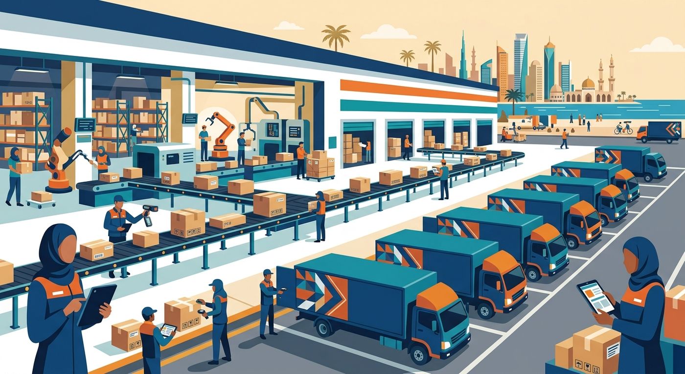 A flat editorial illustration of efficient, automated warehouse and delivery operations during peak logistics season.