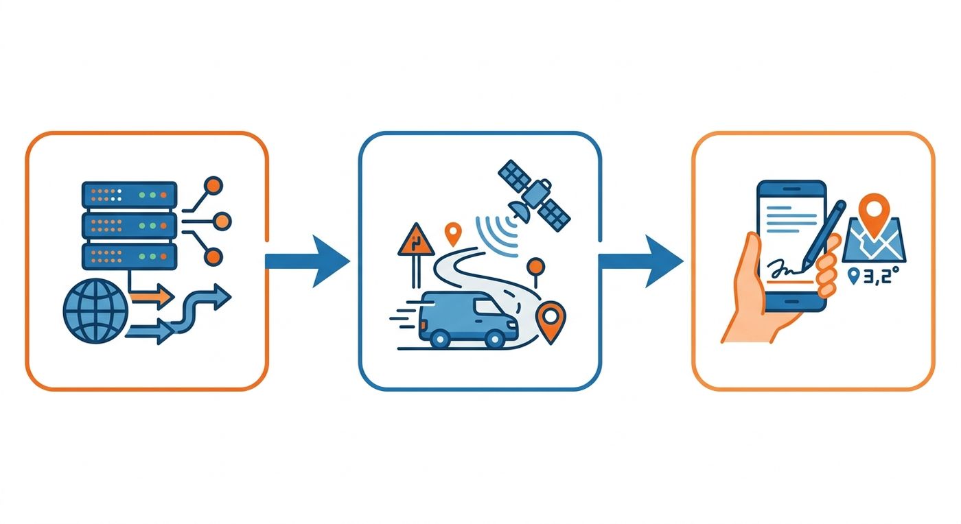 Technical flowchart illustrating the automated delivery verification process from route optimization to GPS tracking and digital proof of delivery.