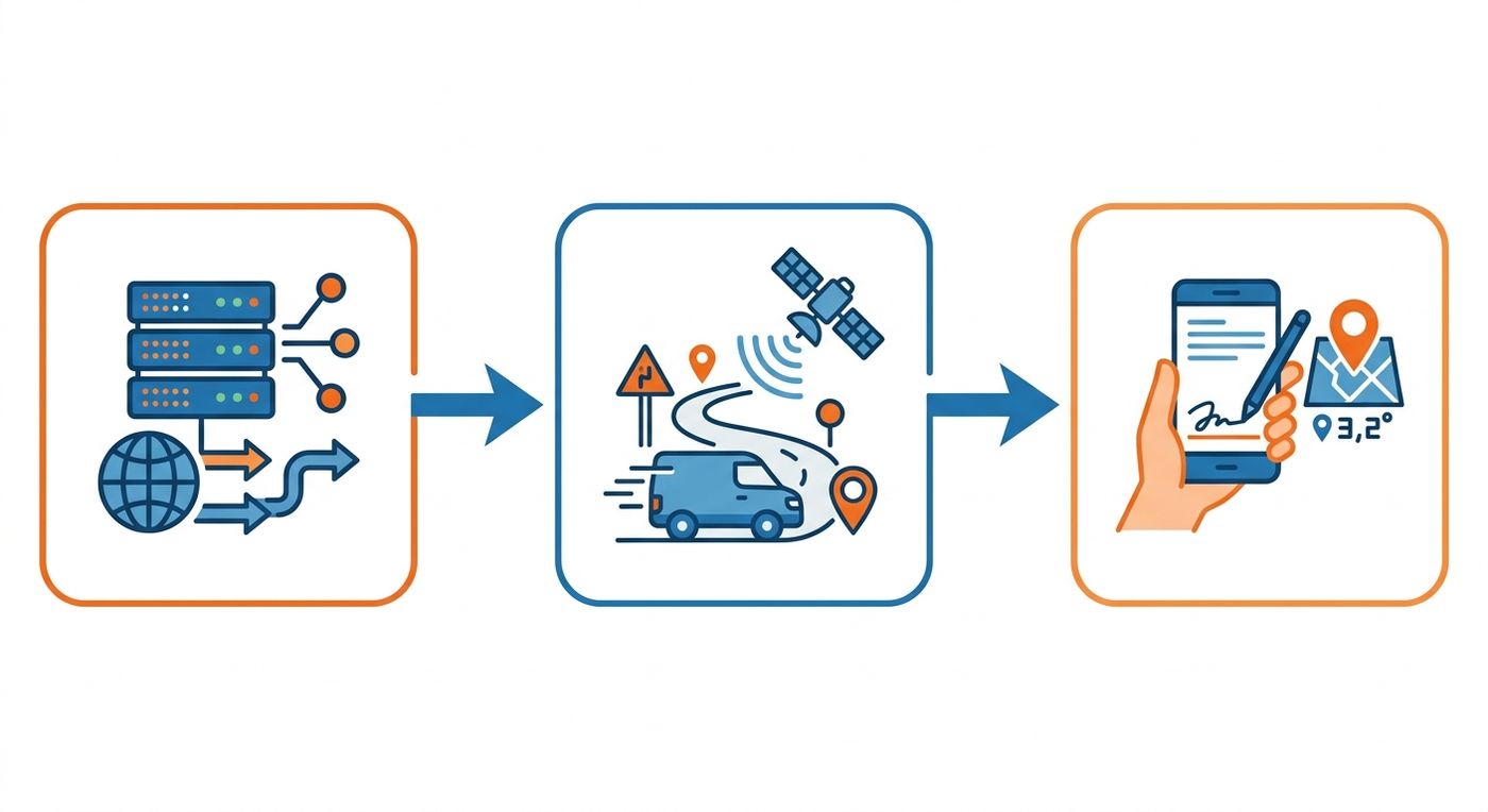 Technical flowchart illustrating the automated delivery verification process from route optimization to GPS tracking and digital proof of delivery.