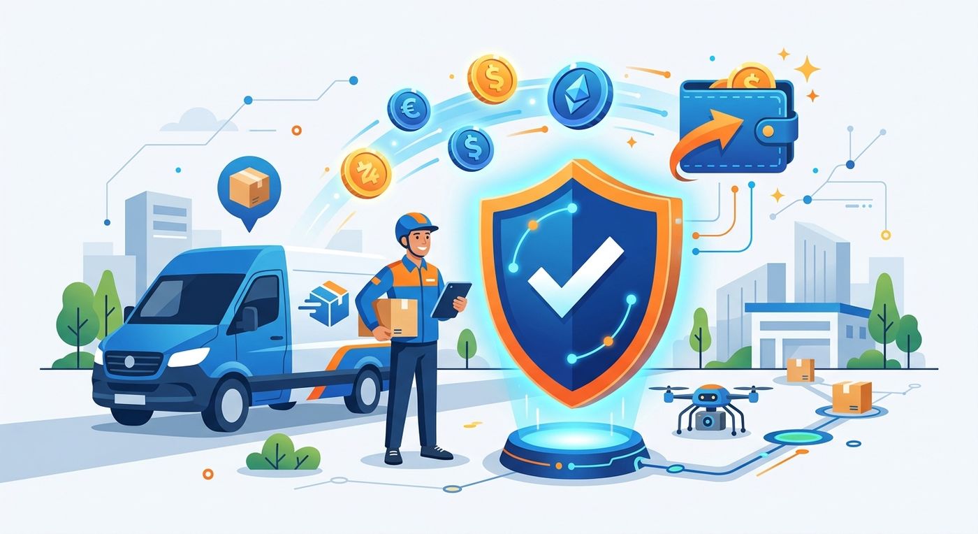 Flat vector illustration depicting secure, automated last-mile logistics financial settlements and instant payouts.