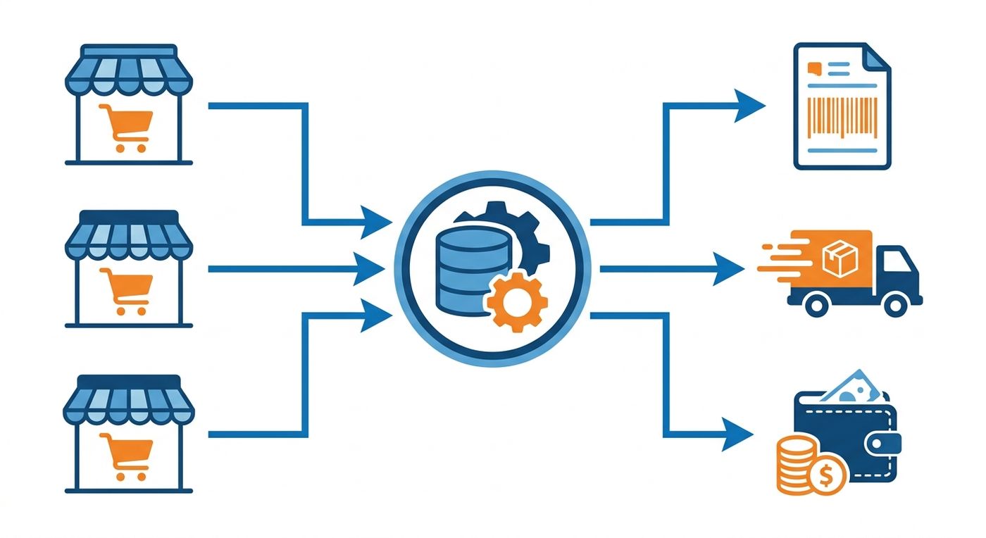 Technical diagram illustrating the integration flow between e-commerce platforms and a shipping ERP system, showing data moving from orders to waybill generation and COD reconciliation.
