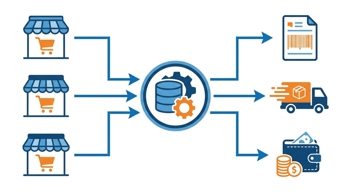 Technical diagram illustrating the integration flow between e-commerce platforms and a shipping ERP system, showing data moving from orders to waybill generation and COD reconciliation.