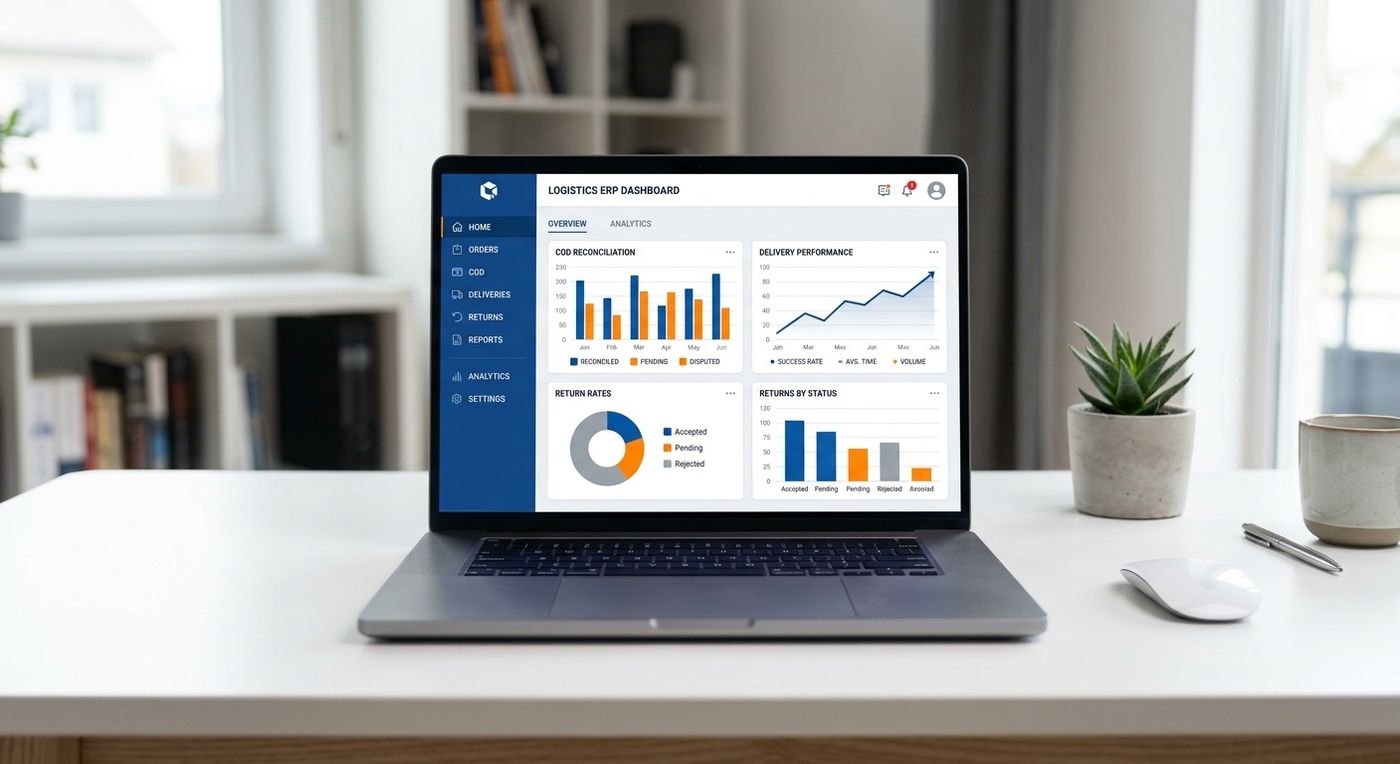 A sleek laptop showing the Shiprex logistics ERP dashboard with financial analytics, COD reconciliation, and RTO metrics.