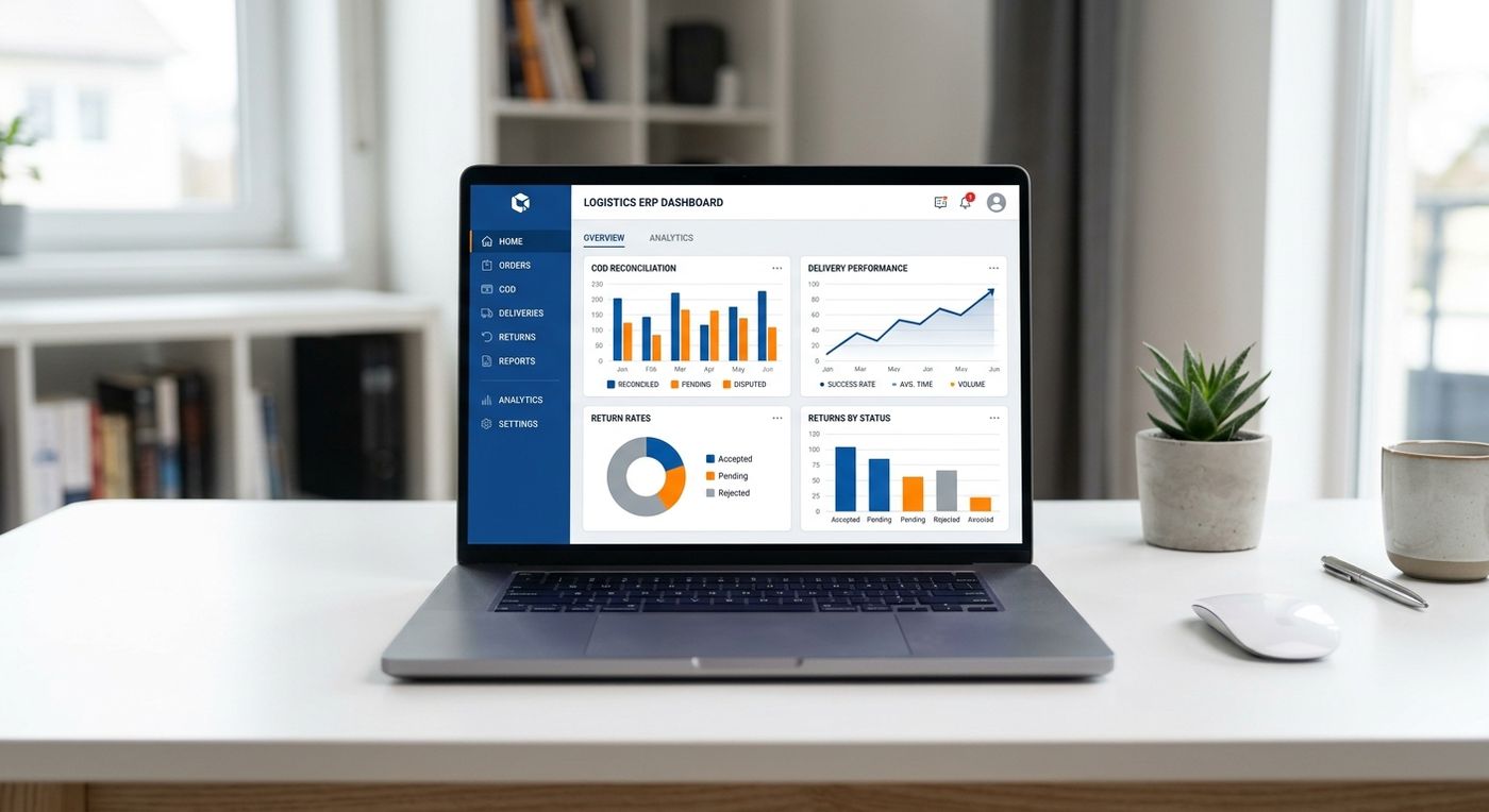 A sleek laptop showing the Shiprex logistics ERP dashboard with financial analytics, COD reconciliation, and RTO metrics.