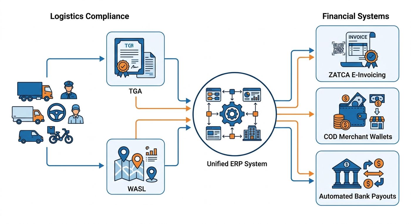 Technical diagram showing the flow of logistics compliance data from TGA and WASL into a central shipping ERP for automated financial reconciliation and ZATCA invoicing.