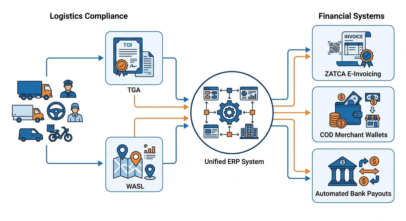 Technical diagram showing the flow of logistics compliance data from TGA and WASL into a central shipping ERP for automated financial reconciliation and ZATCA invoicing.