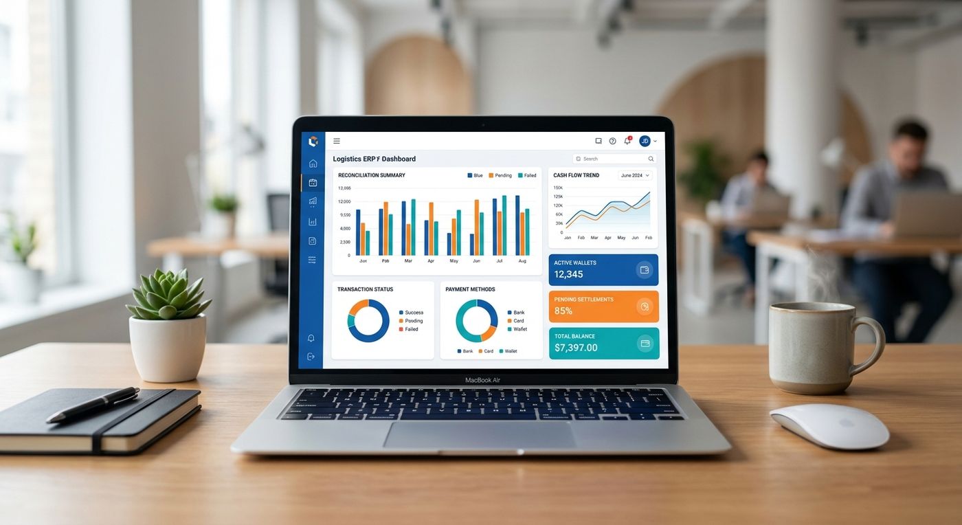 Modern logistics ERP dashboard displayed on a laptop screen, showing automated COD reconciliation metrics and merchant wallet balances.