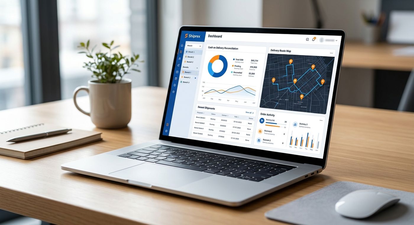 A product showcase of the Shiprex shipping ERP dashboard on a laptop, displaying multi-branch logistics management and COD reconciliation charts.