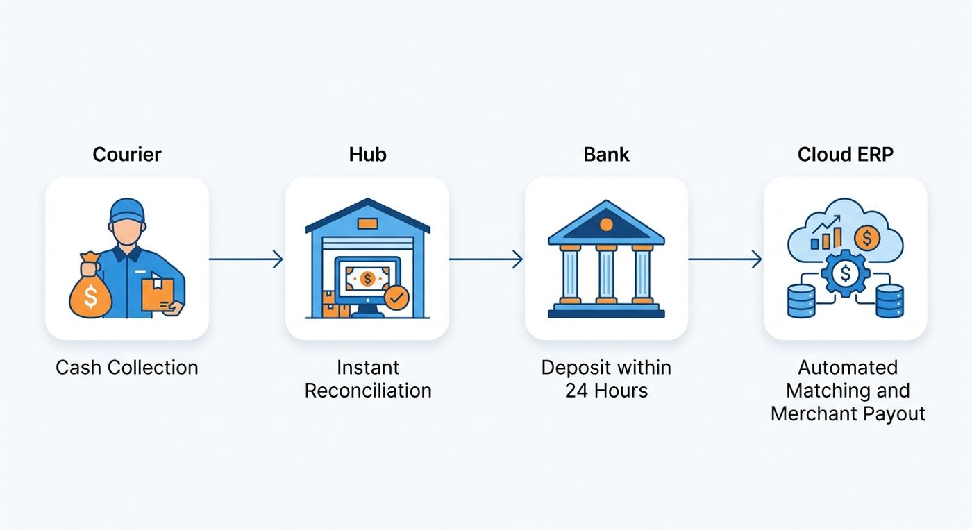 A technical flowchart diagram illustrating the step-by-step process of last-mile cash collection, hub reconciliation, bank deposit, and automated ERP matching.