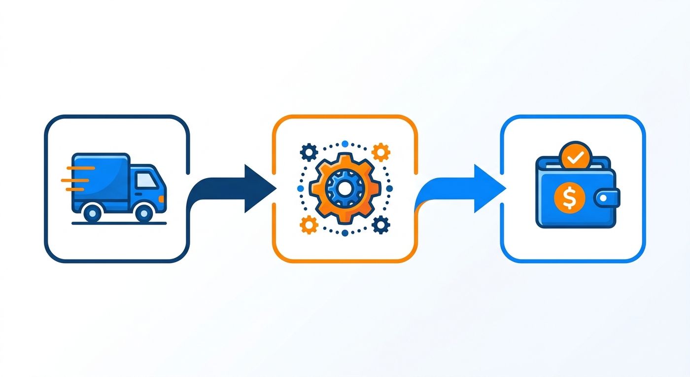 Technical diagram showing the step-by-step automated COD reconciliation flow from courier delivery to real-time merchant wallet update.