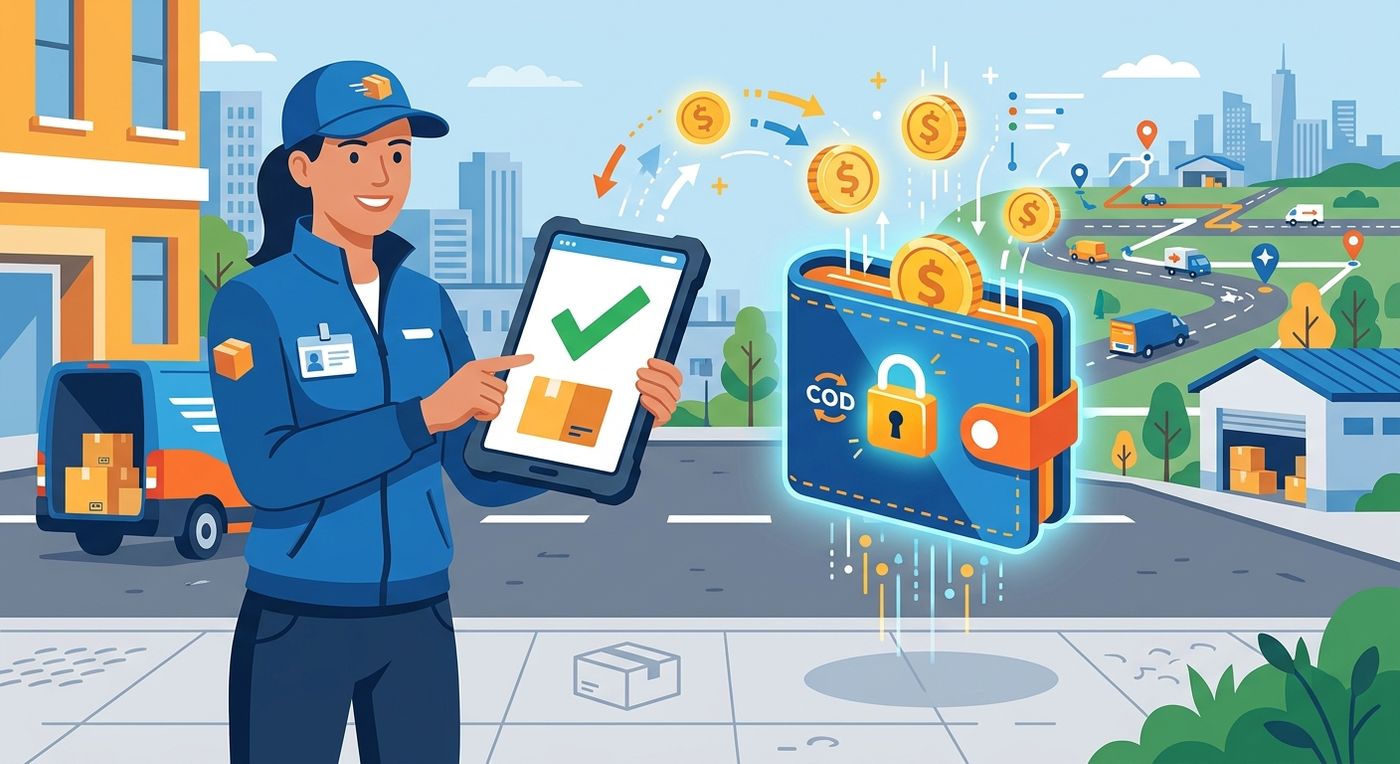 Flat vector illustration representing digital proof of delivery and automated COD reconciliation for logistics operations.