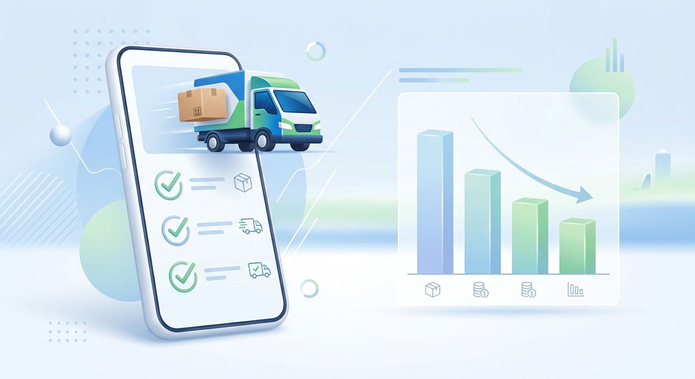 A conceptual illustration showing smartphone delivery tracking and declining cost graphs representing courier cost reduction.