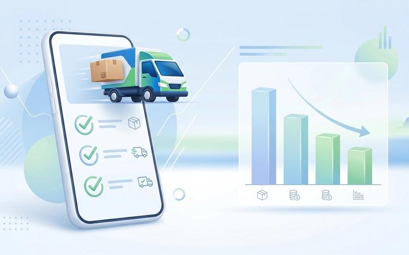 A conceptual illustration showing smartphone delivery tracking and declining cost graphs representing courier cost reduction.