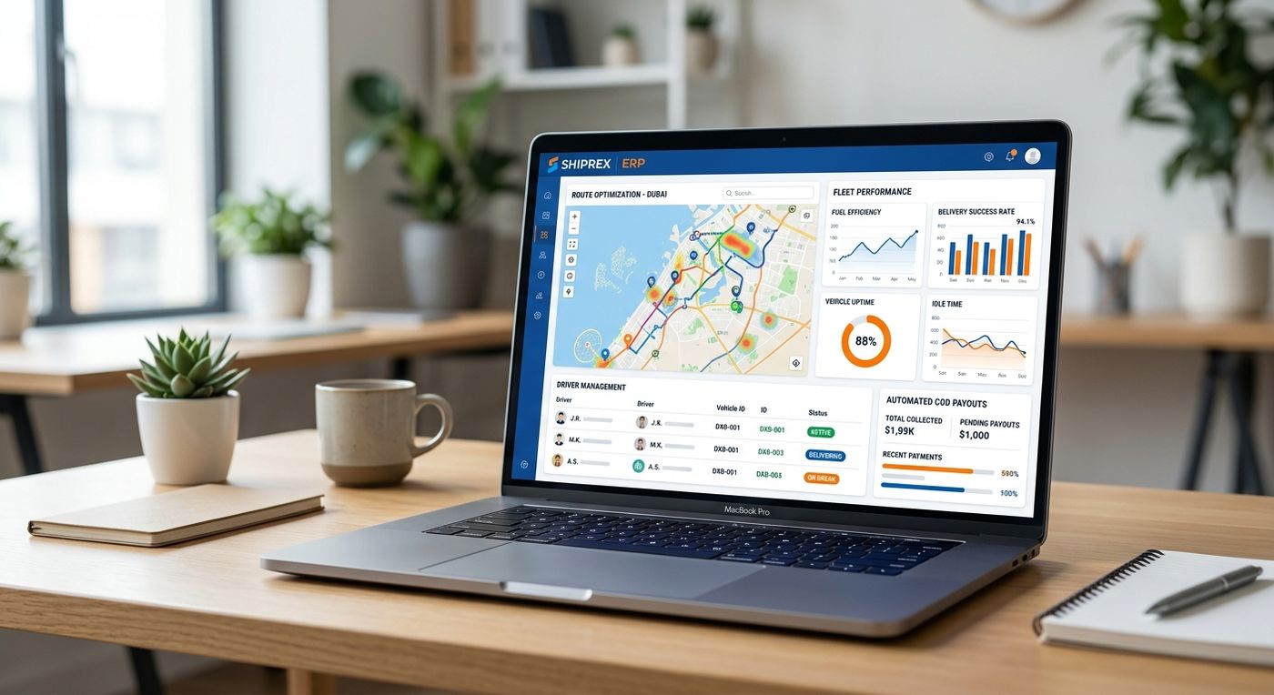 A product showcase of the Shiprex delivery management system UAE dashboard displayed on a laptop, highlighting route optimization and driver payout features.
