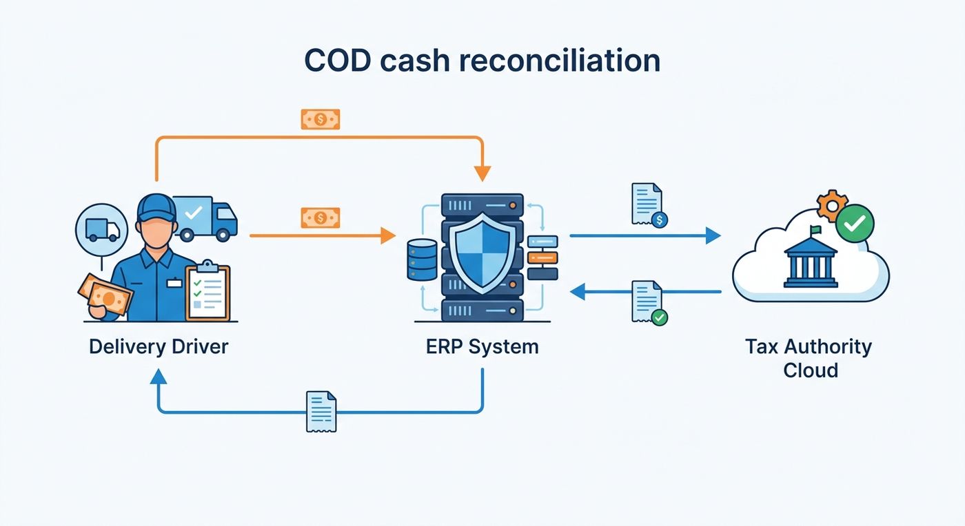 Technical workflow diagram illustrating the automated Cash-on-Delivery (COD) reconciliation process integrated with ZATCA e-invoicing.