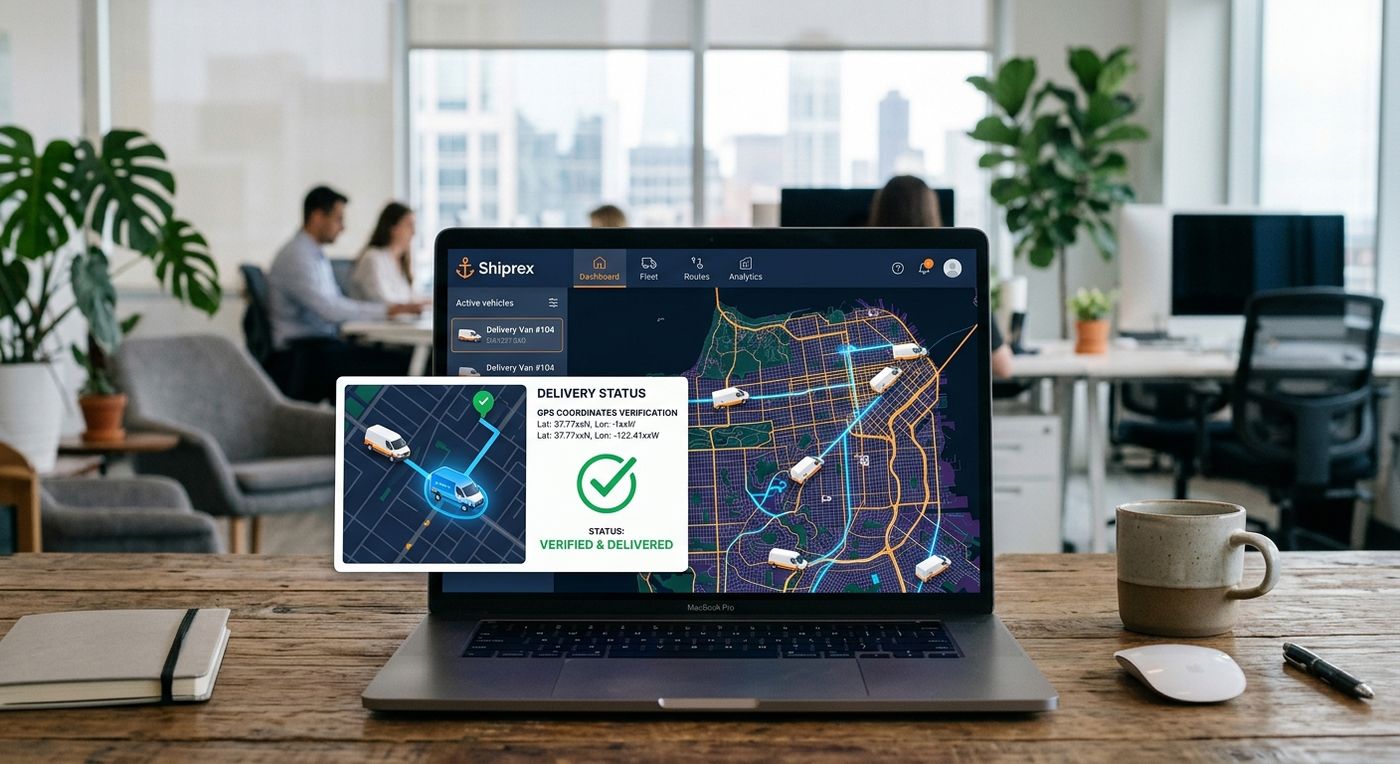Shiprex dispatch dashboard showing real-time GPS tracking and verified driver status updates on a laptop screen.
