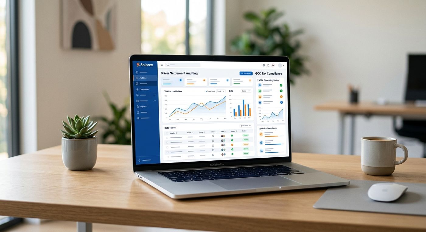 Shiprex financial dashboard on a laptop displaying driver cash settlement status and regional GCC tax compliance metrics.