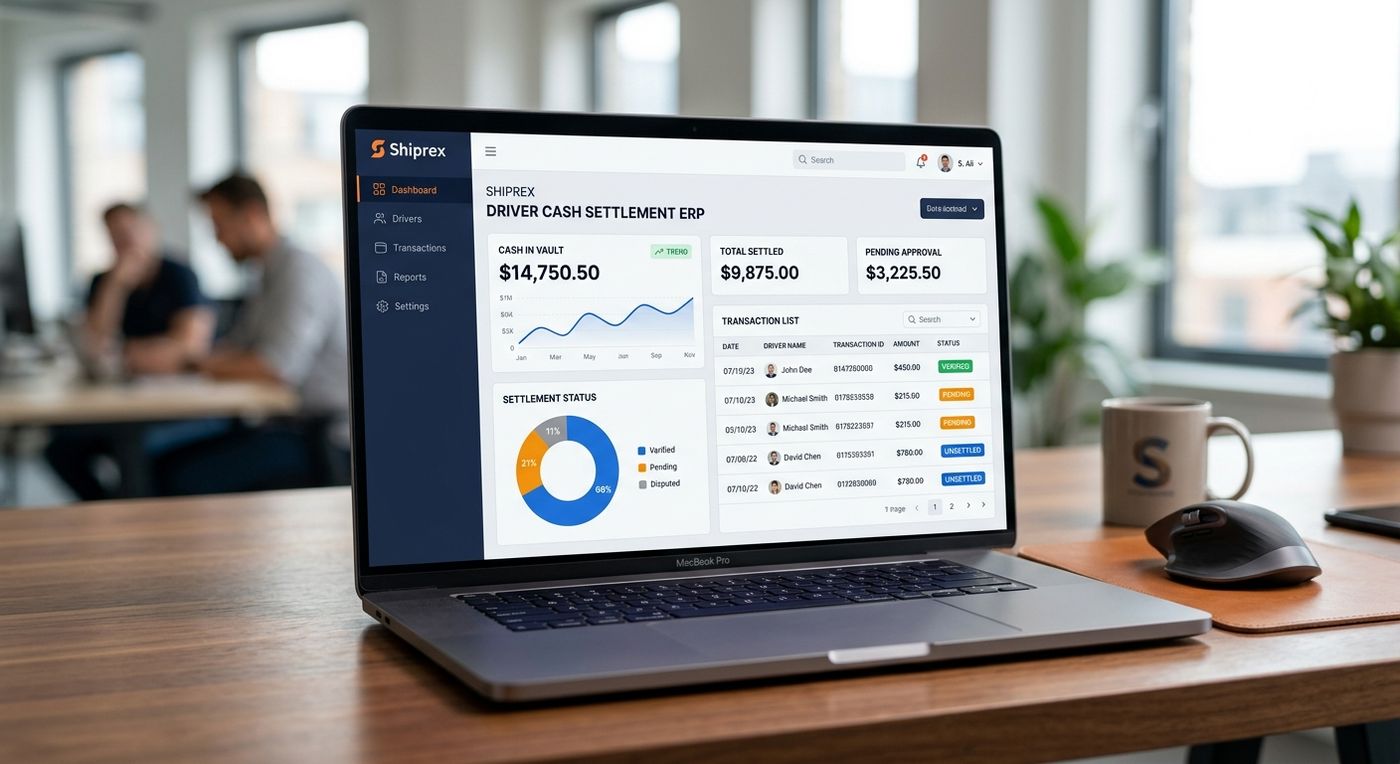 نموذج واجهة مستخدم برمجية حديثة لنظام شيب ريكس لإدارة تسويات السائقين النقدية على شاشة كمبيوتر محمول، يوضح حالة الخزينة النقدية الفورية وسجلات عمليات المناديب.