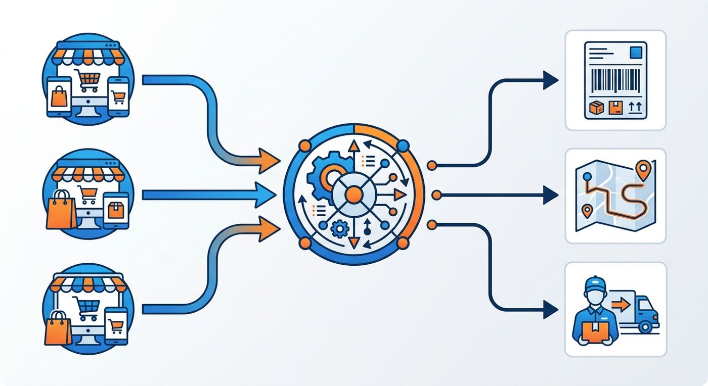 Technical diagram illustrating the automated flow of orders from e-commerce stores into a central shipping ERP, branching into automated AWB generation, route optimization, and driver dispatch.
