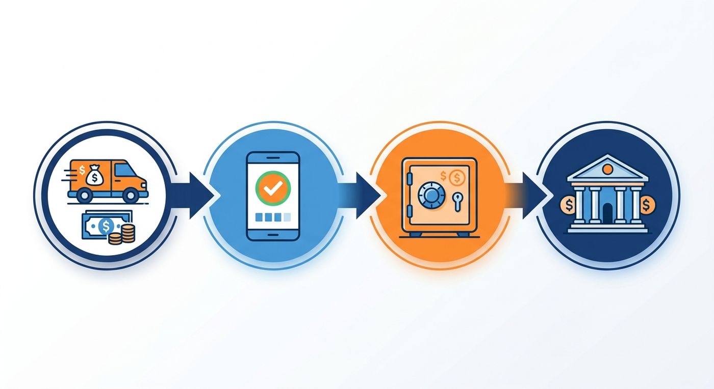 مخطط تدفق فني يوضح خطوة بخطوة مسار عمل تسوية النقدية من الاستلام عند باب العميل بواسطة مندوب التوصيل إلى الإيداع في البنك.