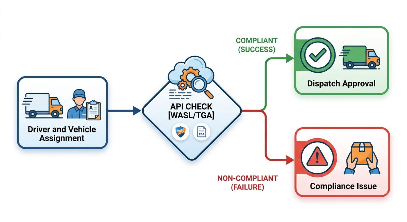 Flowchart diagram illustrating the automated WASL and TGA compliance verification process, showing the path from assignment to API verification, resulting in either dispatch approval or an automated block.