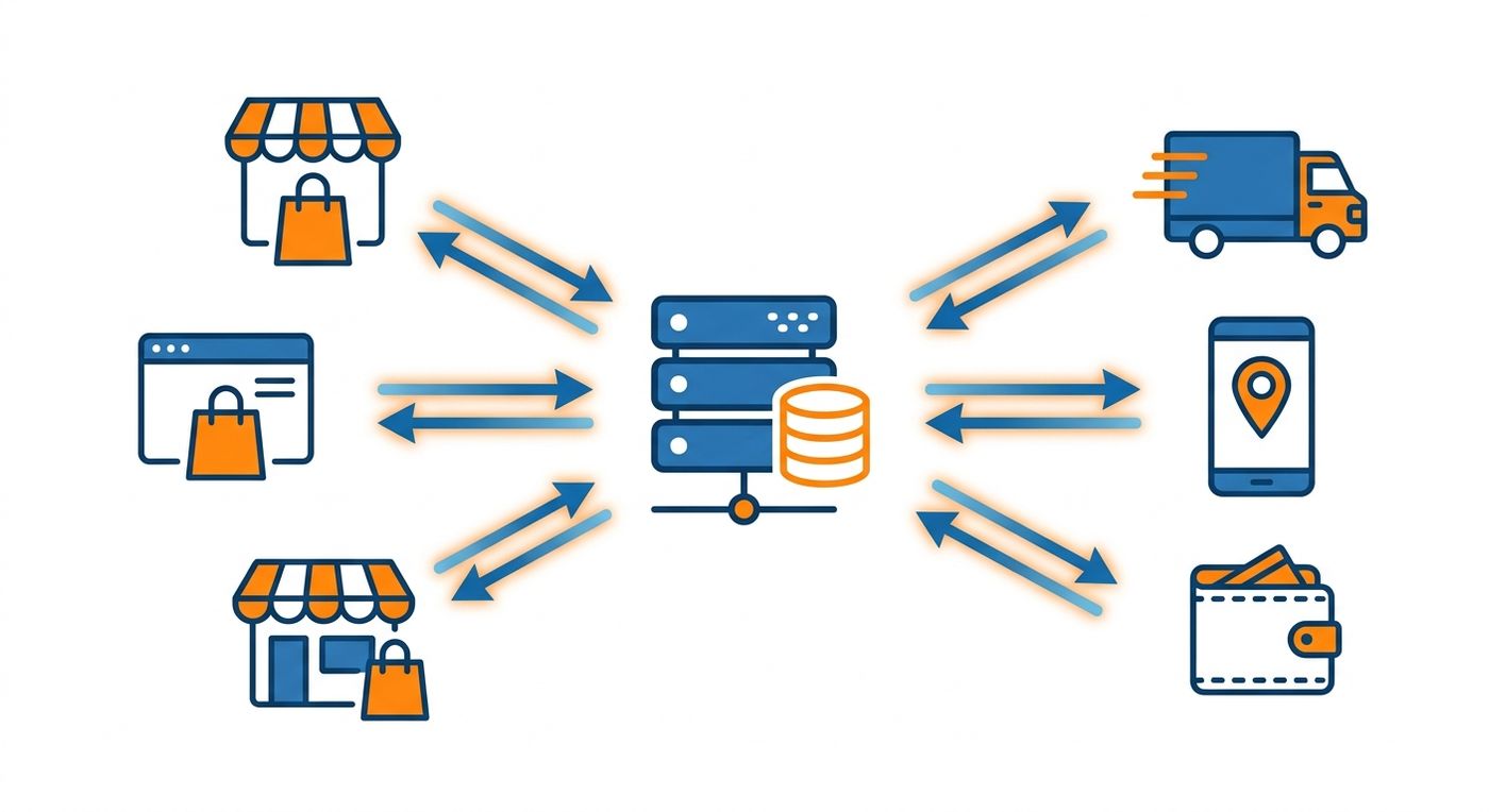 A technical diagram illustrating how Shiprex logistics ERP connects e-commerce storefronts like Salla and Zid with shipping operations, driver routing, and COD reconciliation.