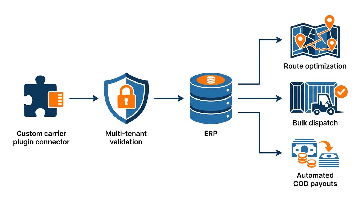 Technical workflow diagram illustrating the step-by-step deployment of a custom carrier plugin within the Shiprex ERP system, from upload to active operations.