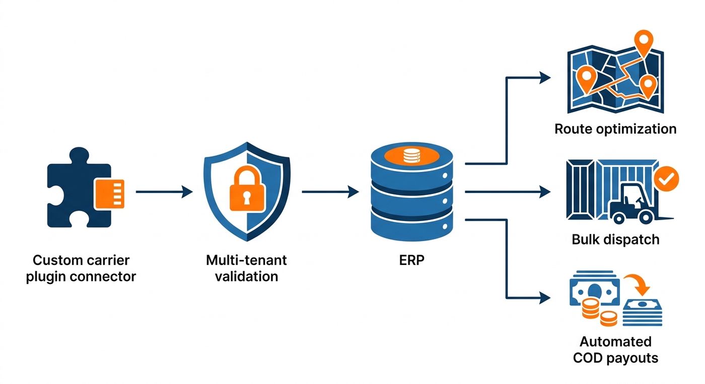 Technical workflow diagram illustrating the step-by-step deployment of a custom carrier plugin within the Shiprex ERP system, from upload to active operations.