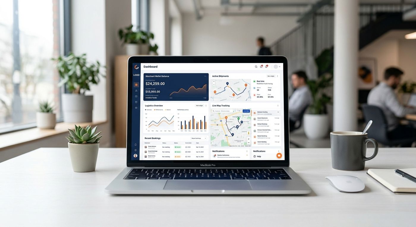 SaaS product showcase of a white-label shipping ERP dashboard on a laptop, displaying merchant analytics and delivery tracking.