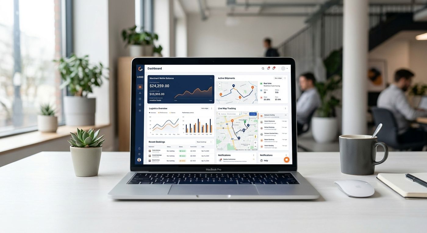 SaaS product showcase of a white-label shipping ERP dashboard on a laptop, displaying merchant analytics and delivery tracking.