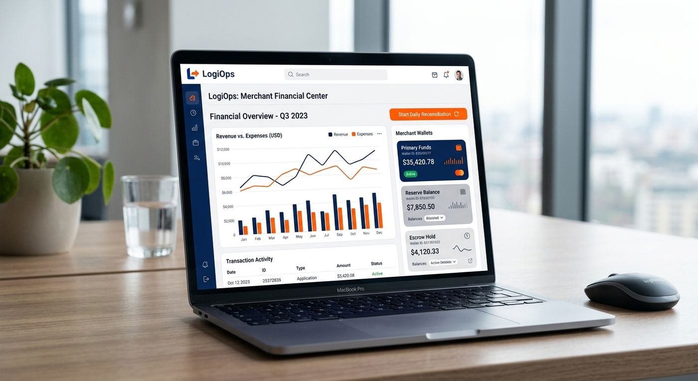 لوحة التحكم المالية من شبركس على شاشة لابتوب تعرض أرصدة محافظ التجار وأدوات التسوية التلقائية للدفع عند الاستلام.