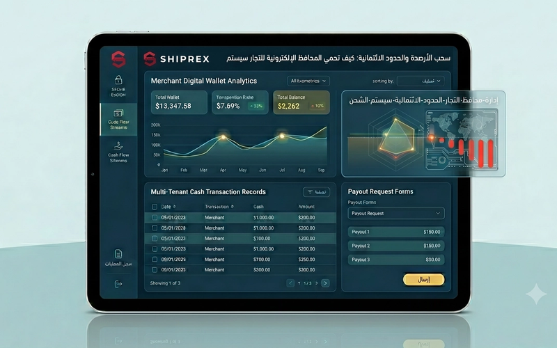 A clean financial dashboard interface on a tablet showing merchant digital wallet analytics, multi-tenant cash transaction records, payout request forms, and automated risk threshold status monitors.
