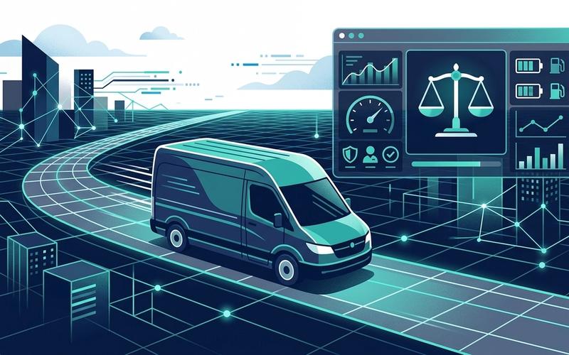 Minimalist illustration of a delivery van on a digital grid showing safety metrics and a balanced weight scale icon.