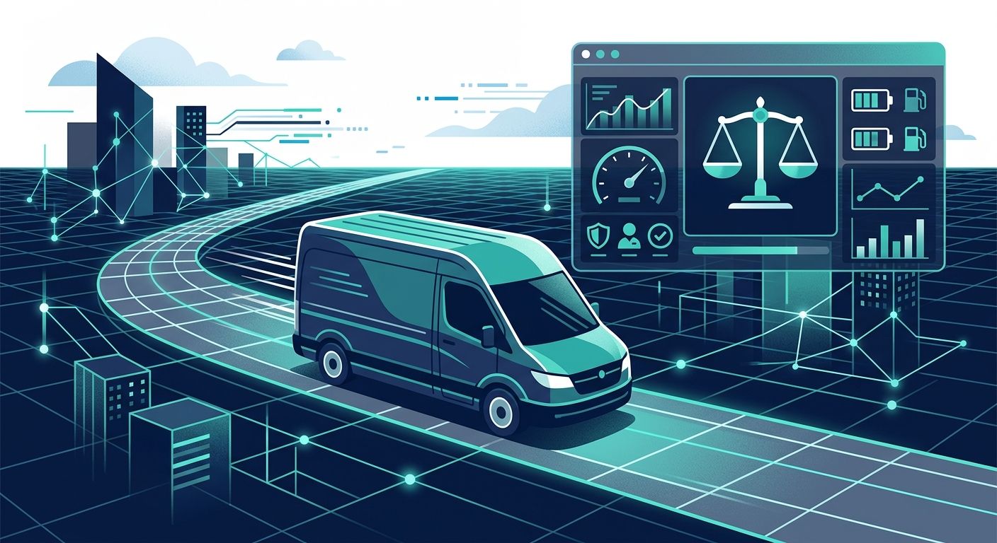 Minimalist illustration of a delivery van on a digital grid showing safety metrics and a balanced weight scale icon.