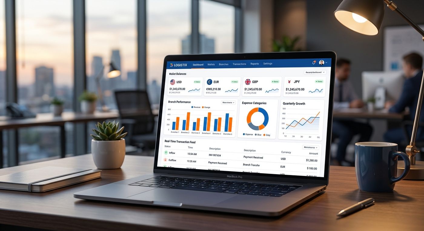 Shiprex SaaS dashboard showing multi-currency financial reconciliation and branch wallet balances on a laptop.