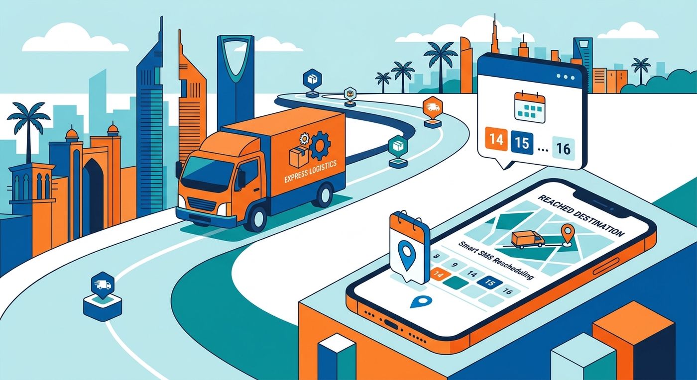 A conceptual illustration of a delivery truck and a smartphone showing a rescheduling calendar, representing automated last-mile recovery solutions.