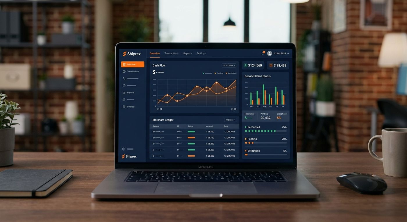 A modern SaaS dashboard on a laptop showcasing merchant wallet balances and automated COD reconciliation features.