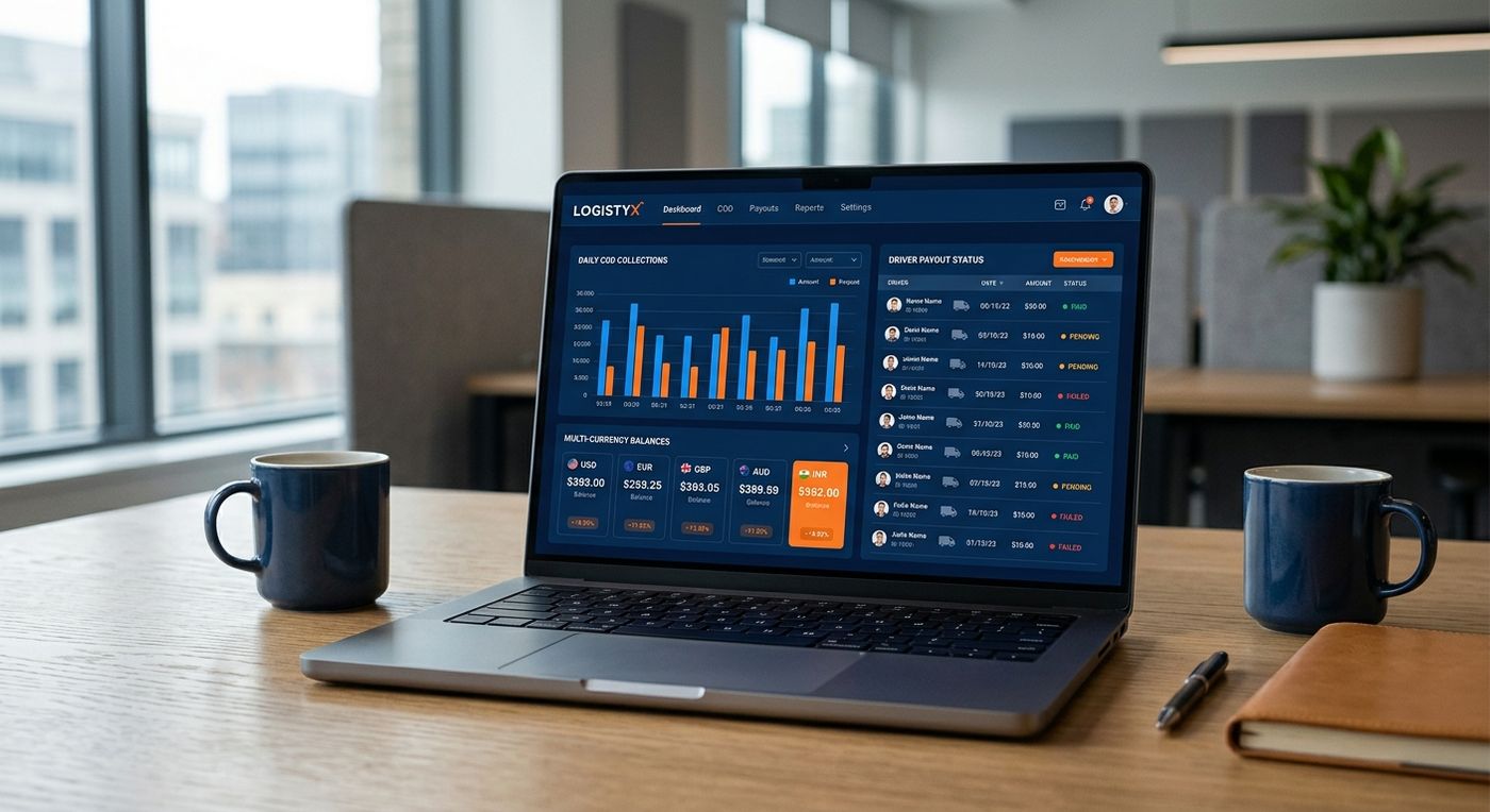 Shiprex logistics ERP dashboard on a laptop displaying automated COD reconciliation and multi-currency financial reports.