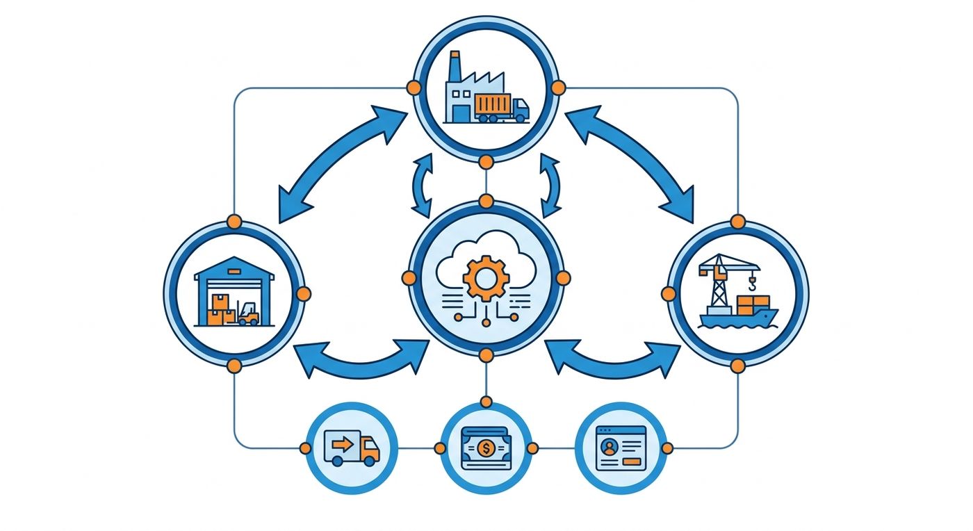 A technical diagram illustrating a multi-branch shipping connection system linking regional UAE hubs to a central logistics ERP.