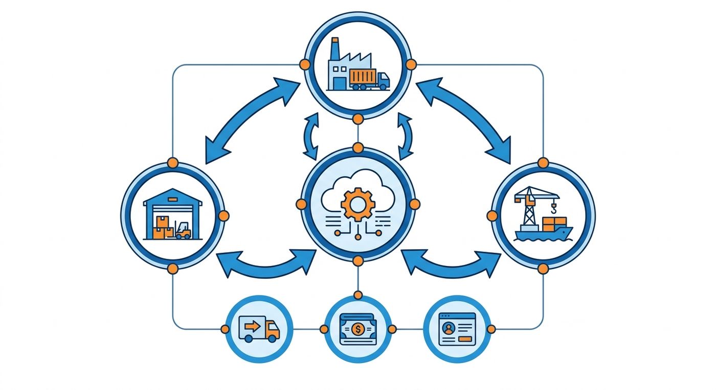 A technical diagram illustrating a multi-branch shipping connection system linking regional UAE hubs to a central logistics ERP.