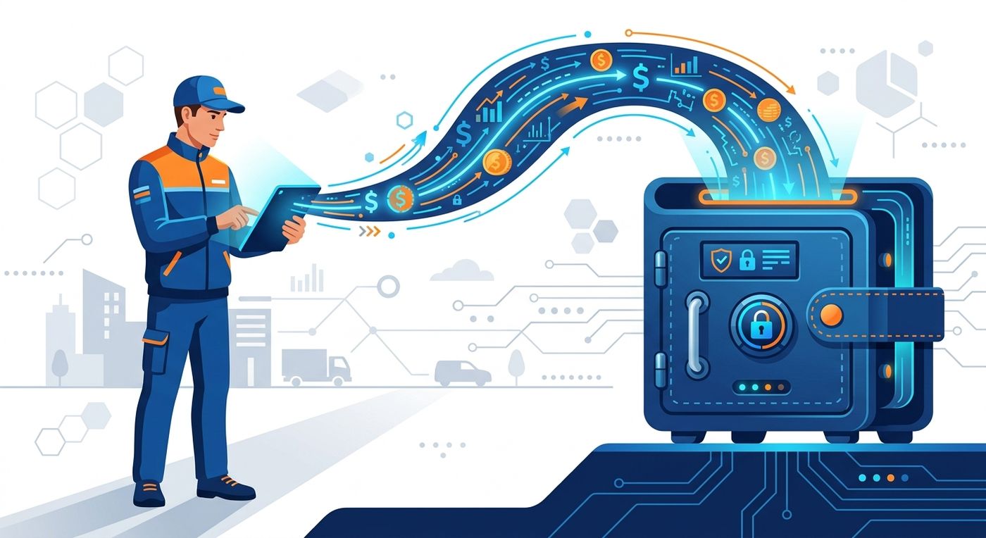 Flat vector illustration showing the seamless digital flow of cash-on-delivery collections from a courier to a secure digital merchant wallet.