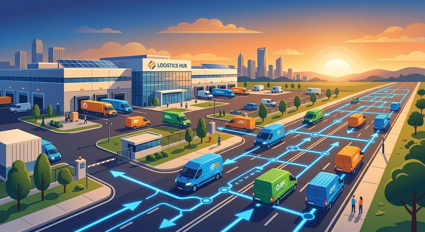 Flat vector illustration of delivery vans departing a logistics hub early in the morning under a sunrise.