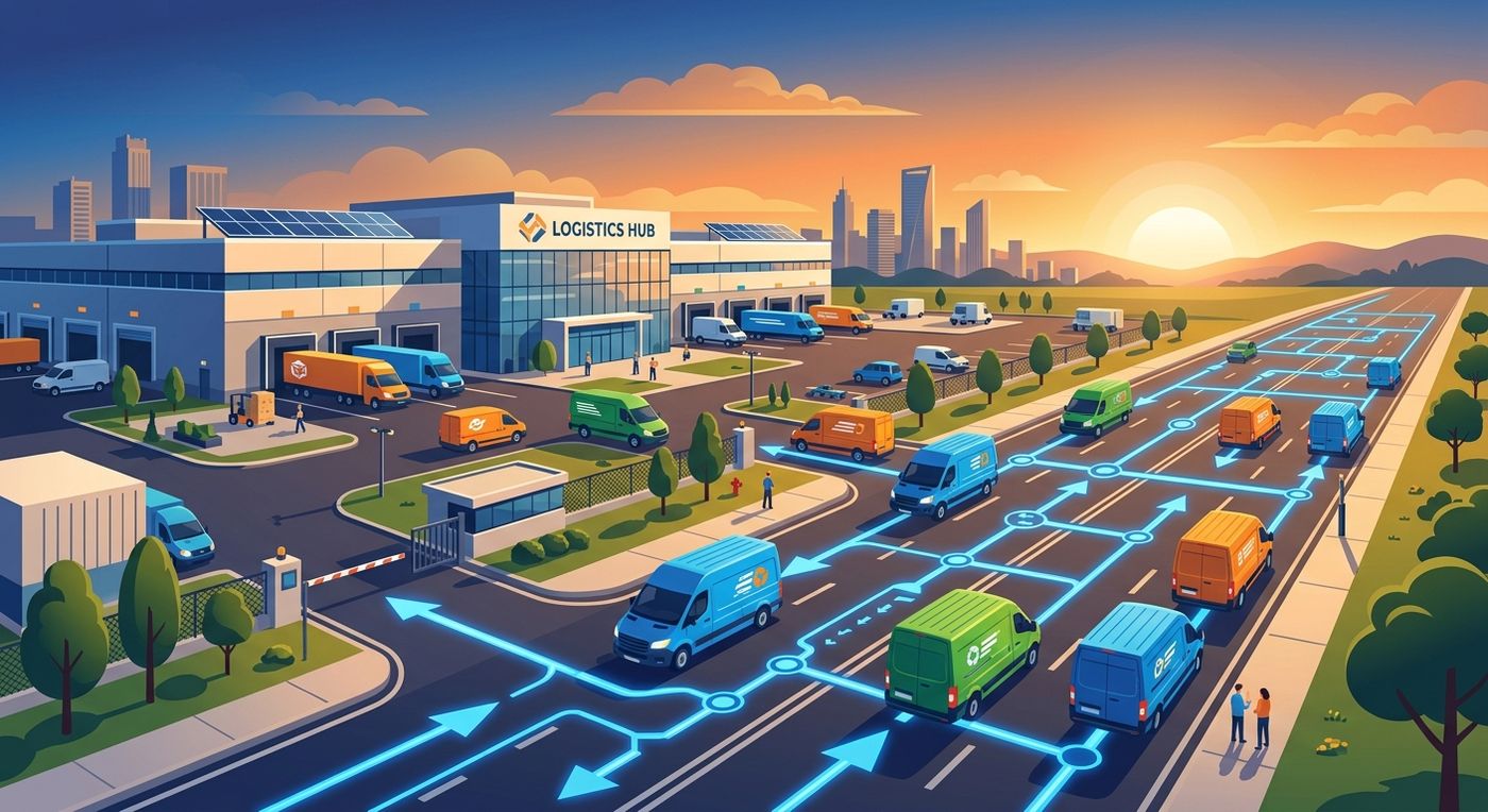 Flat vector illustration of delivery vans departing a logistics hub early in the morning under a sunrise.